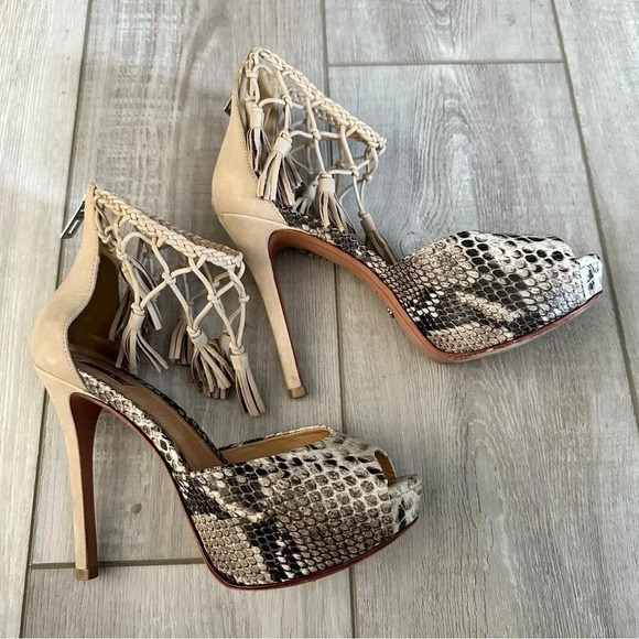 SCHUTZ Peep Toe Fun Leather Snakeskin Heels with Ankle Strap - Picture 1 of 9